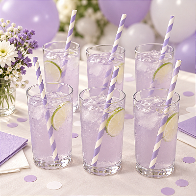 Canudo De Papel Biodegradável Lilás Listrado - 6x200 mm - 12 Unidades