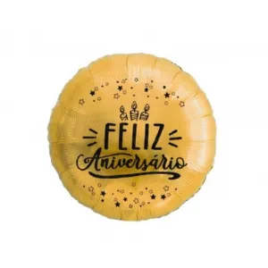 Balão Metalizado Feliz Aniversário Dourado Cromado 45cm