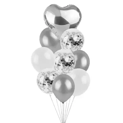 Kit Buquê Balao Coracao Metalizado Prata 18" + 3 Pçs Balões c/Confete 12 Polegadas + 5 Látex 12 Polegadas - 9 Unidades