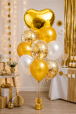 Kit Buquê Balao Coracao Metalizado Dourado 18" + 3 Pçs Balões c/Confete 12 Polegadas + 5 Látex 12 Polegadas - 9 Unidades