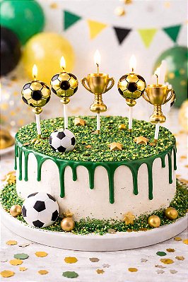 Velas Futebol Douradas com Bola e Troféu – Kit com 5 Unidades