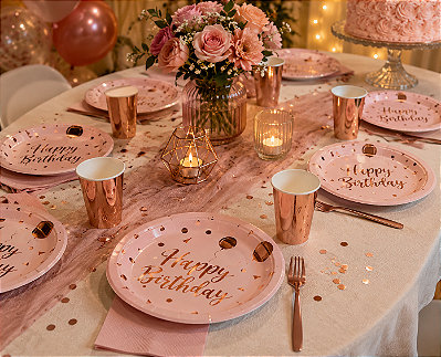 Prato de Papel Happy Birthday Rose 18” – 10 Unidades