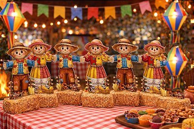 Totem de Mesa Casal Espantalhos 21cm – 6 Peças (3 Espantalhos e 3 Espantalhas)