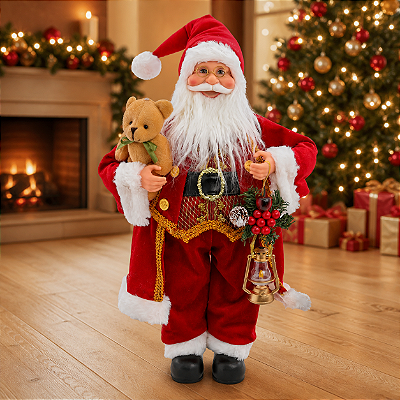 Papai Noel Segurando Urso Vermelho/Branco/Ouro 50cm – Encanto e Magia para o Natal