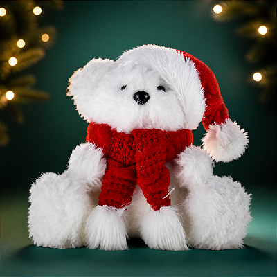 Urso de Pelúcia Sentado com Gorro Natalino 28CM