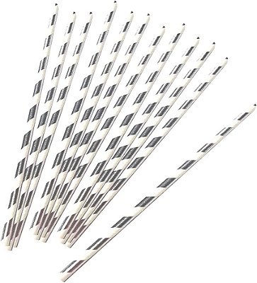 Canudo De Papel Biodegradável Laranja Listrado - 6x200 mm - 12 Unidades