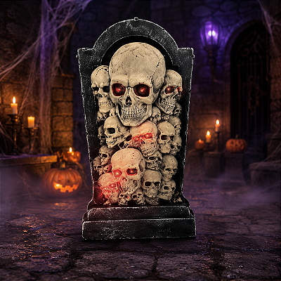 Lápide Com Caveiras e Luz Halloween Decorativa 89cm
