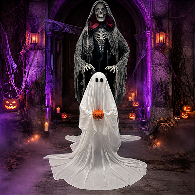 Esqueleto Com Fantasma Halloween Animado 1,80 Metros Luz Som Movimento