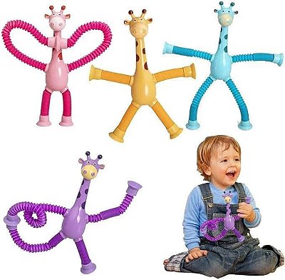 Brinquedo Girafa Pop It Tubo LED Estica Puxa com Ventosas Infantil