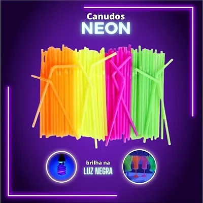 Canudo Flexível Neon 100 Unidades - Brilham Sob Efeito de Luz Negra