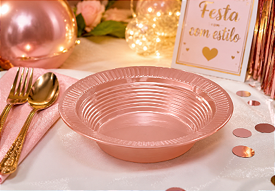 Prato Fundo Plástico Biodegradável Cumbuca 15cm Rose Gold - 10 Unidades