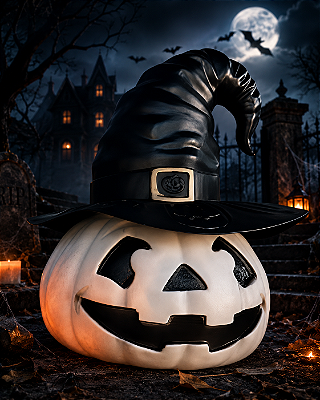 Abóbora com Chapéu para Decoração de Halloween 30cm - Branco