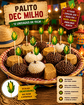 Palito Espetinho Decorativo Milho Festa Junina 12cm – 12 Unidades