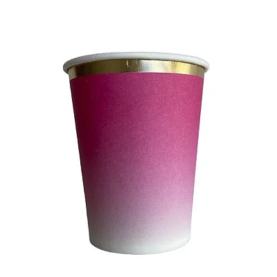 Copo de Papel 270ml Rosa Degradê com Borda Dourada – Descartável para Festa – 8 Unidades