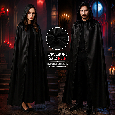 Capa Vampiro com Capuz Preta Adulto 140cm para Halloween - 1 Unidade