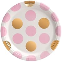 Prato de Papel Poá Grande Rosa e Dourado 18cm com 8 Unidades