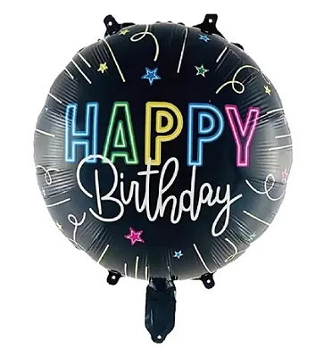 Balão Metalizado Redondo Happy Birthday Preto Neon 45cm - Flutua com Gás Hélio