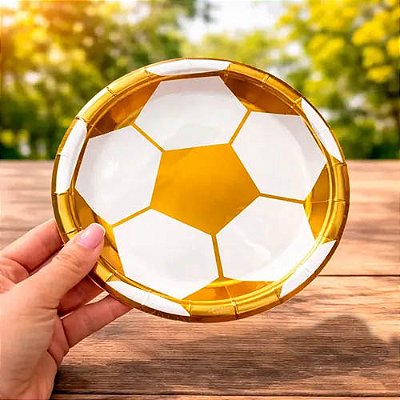 Prato de Papel Bola de Futebol Dourado 18cm – 8 Unidades