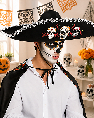 Chapéu Mexicano Sombrero de Veludo Preto com Caveira – Diâmetro 55cm