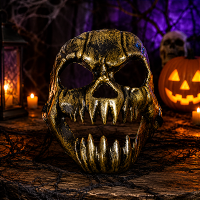 Máscara Caveira Metalizada Dourada com Dentes Afiados Halloween – 24x20cm