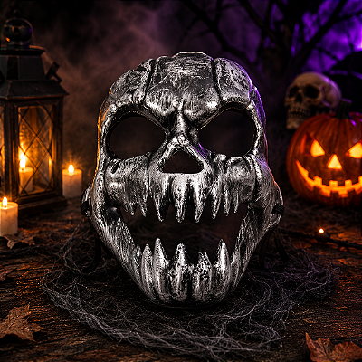 Máscara Caveira Metalizada Prata com Dentes Afiados Halloween – 24x20cm