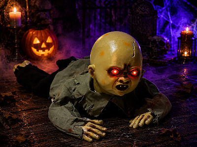 Boneco Bebê Zumbi Rastejante Halloween 1 Metro com Sensor, Som, Luz e Movimento