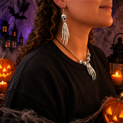 Kit Colar e Brinco Sombrio Halloween – Acessório Esqueleto Terror