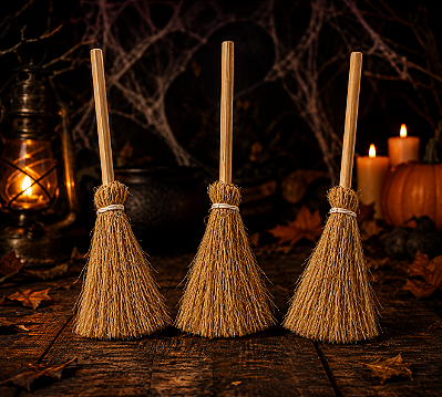 Kit 3 Mini Vassouras de Bruxa Halloween 10cm para Decoração