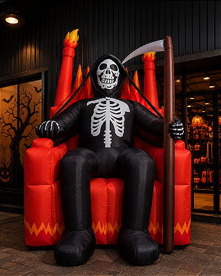 Inflável Caveira da Morte na Poltrona Gigante Halloween 2,70 Metros com LED – Bivolt