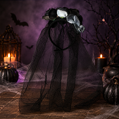 Tiara Halloween com Flores e Véu Preto 30cm – Acessório para Fantasia