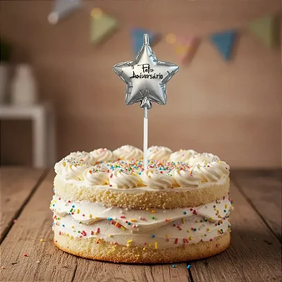 Vela de Aniversário Estrela Metalizada Prata – Feliz Aniversário