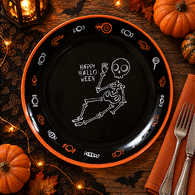 Prato de Sobremesa em Melamina Halloween Fantasma Preto ou Laranja 20cm