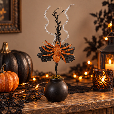 Galho Decorativo com Aranhas Halloween Preto e Laranja 29cm
