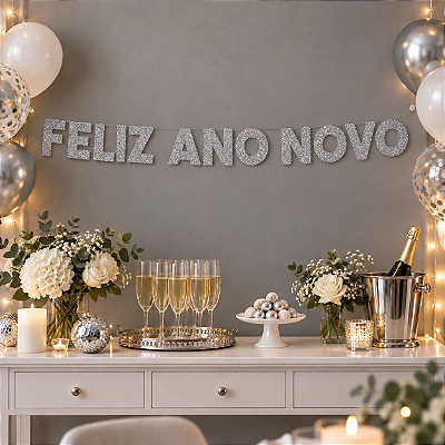 Faixa Decorativa Feliz Ano Novo com Glitter Prata