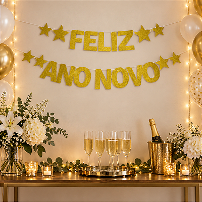 Faixa Decorativa Feliz Ano Novo com Glitter e Estrelas Dourado