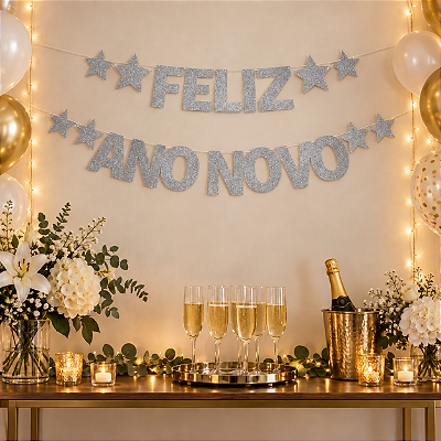 Faixa Decorativa Feliz Ano Novo com Glitter e Estrelas Prata