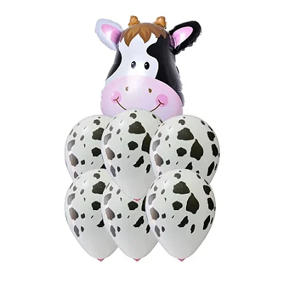 Buquê de Balões Safari Vaca - 1 Balão Metalizado 35x26cm + 6 Balões Látex 12 Polegadas - 7 unidades