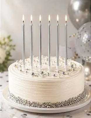 Vela De Aniversário Metalizada Prata 19cm Kit Com 6 Unidades