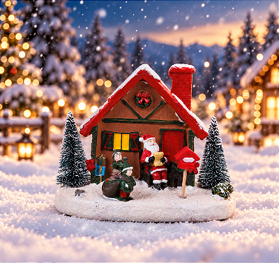 Casinha de Papai Noel em Cerâmica com LED e Som – 15 cm