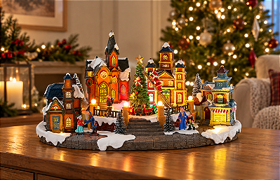 Vila de Natal com Mini Carrossel, Luz e Som – 40 cm