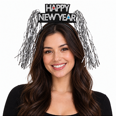 Tiara de Réveillon Happy New Year Feliz Ano Novo com Franjinha Metalizada Prata