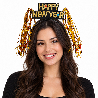 Tiara de Réveillon Happy New Year Feliz Ano Novo com Franjinha Metalizada Dourado