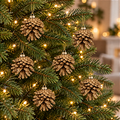 Enfeite Pinha Natural Nevada para Natal 6 cm – 6 Peças