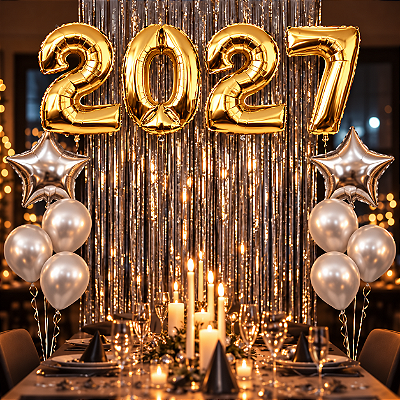 Kit Decoração Réveillon 2027 com Balões Metalizados 2027 Dourados, Cortina Metalizada Balões e Estrelas - Prata