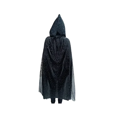 Capa Bruxa Halloween Adulta 120cm - Preta com Estrelas Pratas