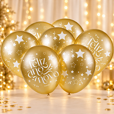Balão de Látex Feliz Ano Novo Dourado 9 Polegadas 23cm - 25 Unidades