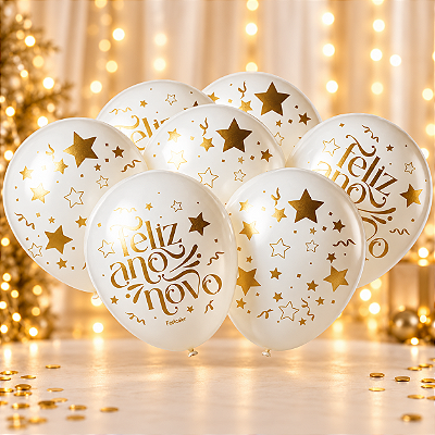 Balão de Látex Feliz Ano Novo Branco 9 Polegadas 23cm - 25 Unidades