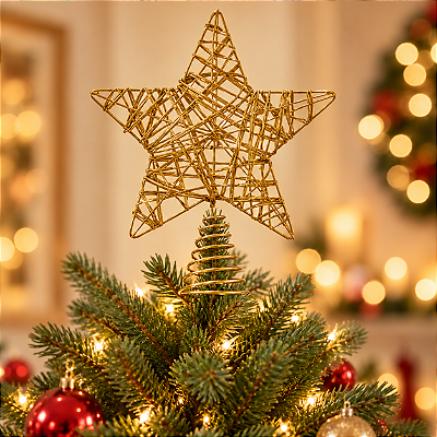 Estrela Ponteira de Natal Dourada 25 cm – Decoração para Árvore
