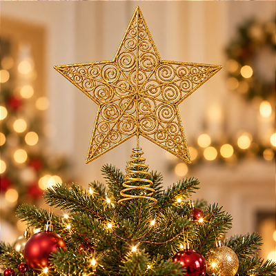 Estrela Ponteira de Natal Dourado 35 cm – Decoração para Árvore
