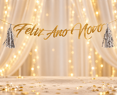 Faixa Decorativa Feliz Ano Novo Dourada 2 Metros – Réveillon